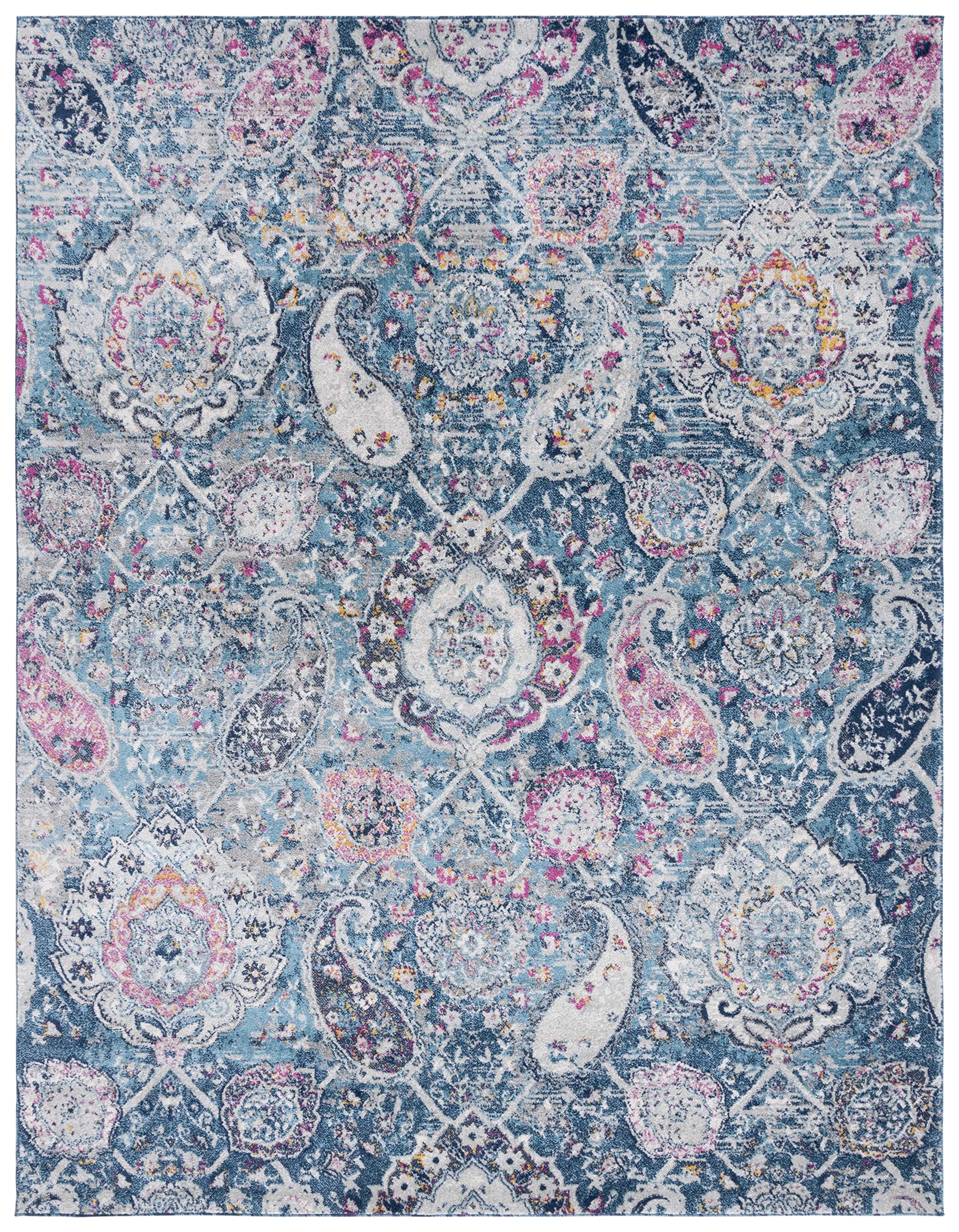 Safavieh Madison Collection Area Rug - 8' X 10', Blue & Grey, Boho Chic Glam Paisley Design, Non-Shedding & Easy Care, Ideal For